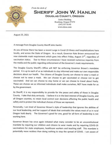 Douglas County Oregon Sheriff letter page 1