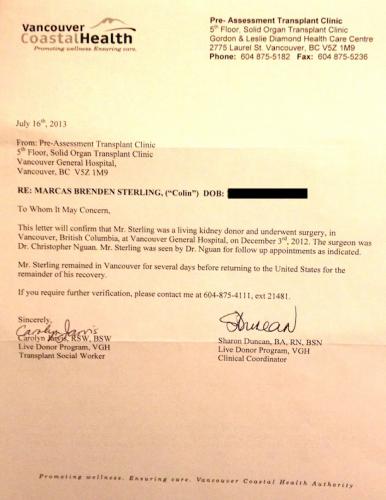 Kidney Donation Letter of Proof Omitting DOB