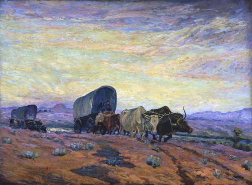 background pioneers pulled by ox cart