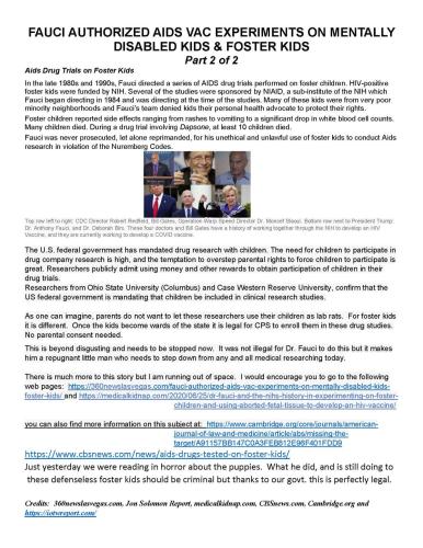FAUCI AUTHORIZED AIDS VAC EXPERIMENTS ON MENTALLY DISABLED KIDS