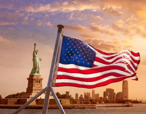 Flag - On boat in front of Statue of Liberty