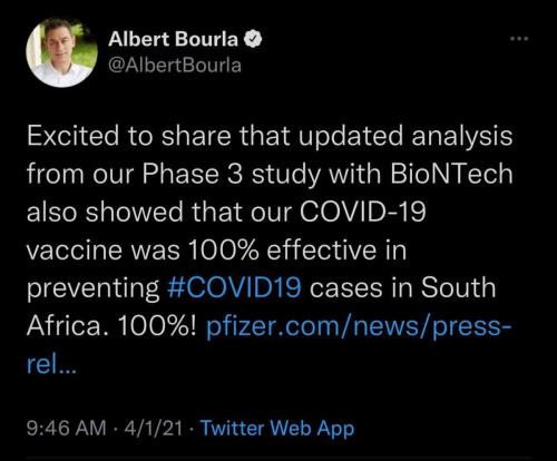 Pfizer April 1 2021 100 percent effective in South Africa