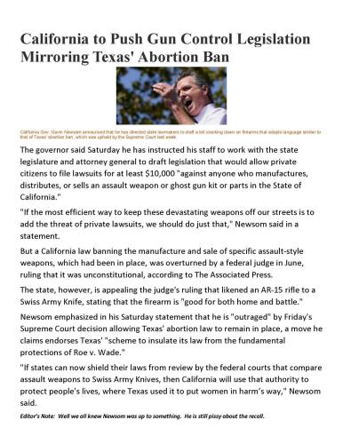 California to Push Gun Control Legislation Mirroring Texas