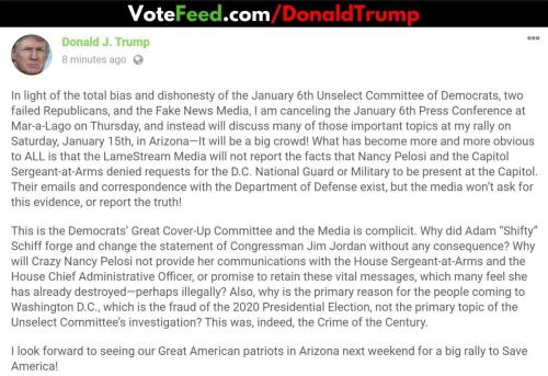 message from trump - jan 6 2022 press conference cancelled
