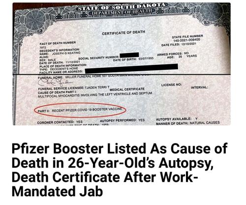 Phizer Booster LISTED as Cauce of Deayj On Certificate