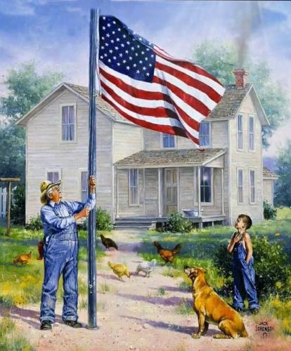 Flag - Painting - With grandfather and boy with dog