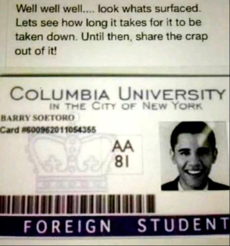 Obama ~Barry Soetoro Columbiia ID Card~