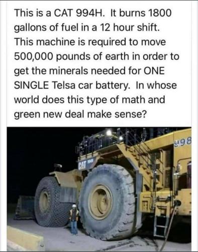 CAT 994h - 1800 gallons of fuel in 12 hrs, 500k lbs of earth for one tesla battery