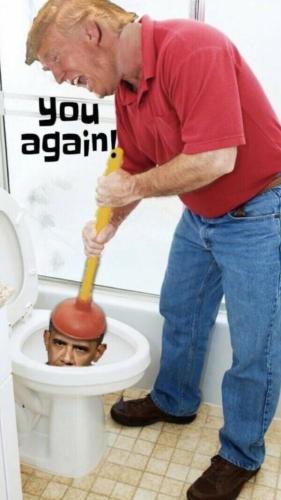 Trump unclogging toilet stuck with Obama