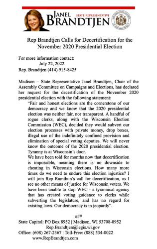 2020 Election Decertification ~Janel Brandtjen~