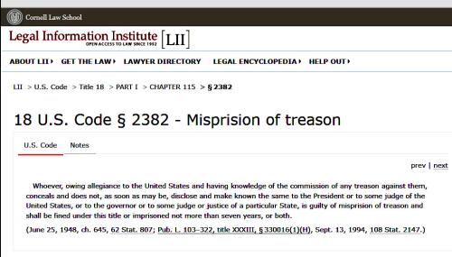 18 U.S. Code 2382. Misprision of Treason