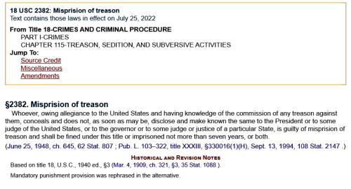 18 U.S. Code 2382. Misprision of Treason ~Back-Up Copy~