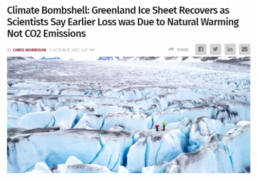 Greenland Ice Sheet Recovers as Scientists Say Earlier Loss was Due to Natural Warming Not C02 Emissions