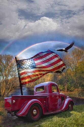 Flag - Painting - Old truck with eagle flying