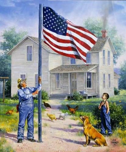 Flag - Painting - With grandfather and boy with dog