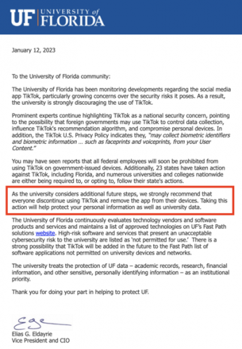 TikTok -- Ban by Univ. of FL