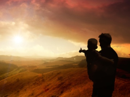 = father son cliff sunset