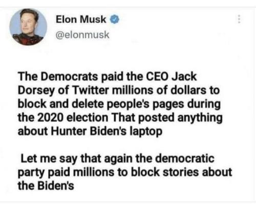 Elon Musk, Twitter Dump, Conspiracy Proof, Jack Dorsey, Hunter's Laptop, DNC, Democratic Party -- 2020 Elections