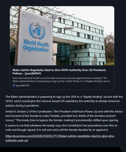 Latest evil attempt to cede American sovreignty to communit UN WHO