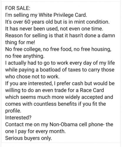 White Privilege Card - For Sale