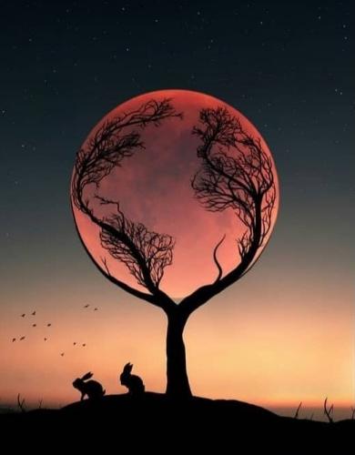 Moon - Red with tree and rabbits
