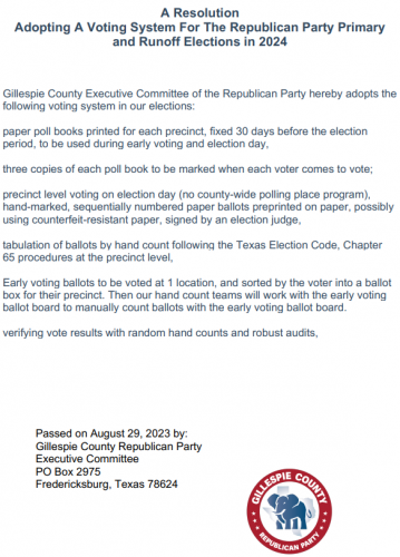 Resolution Adopting A Voting System For The Gillespie County Republican Party Primary and Runoff Elections in 2024 logo