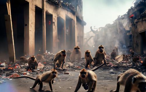 monkeys running wild through the city streets - litter everywhere - crumbling buildings on fire_cr