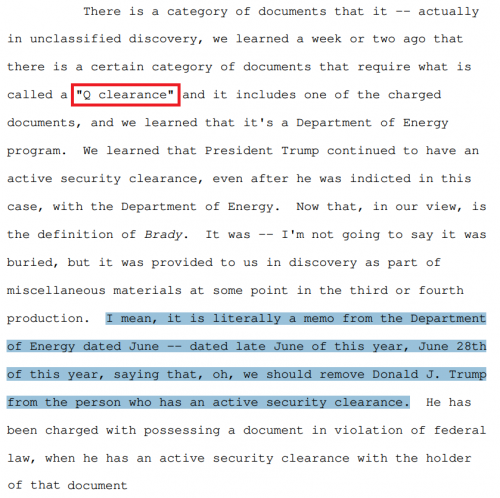 Donald Trump Active Department Of Energy Q Security Clearance Confirmed November 1, 2023