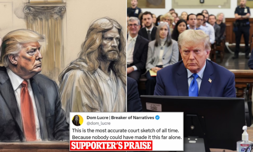 Trump, Jesus -- Courtroom Sketch & Photo