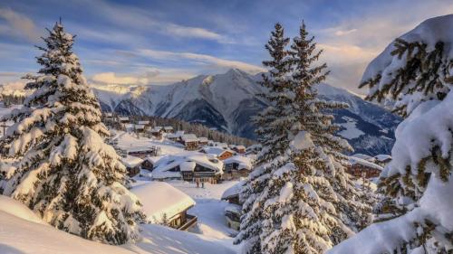 Snowy woods and mountain huts framed by the winter sunset, Bettmeralp, district of Raron, canton of Valais, Switzerland