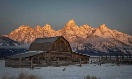 Barn - With mountains at sunset