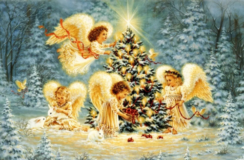 Christmas -- Baby Angels, Rabbits, & Tree