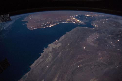 ISS-46_Gulf_of_Oman_with_Strait_of_Hormuz_at_night
