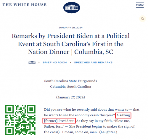Joe Biden White House Referring To Trump As Sitting President At South Carolina Democratic Party Dinner On January 27, 2024