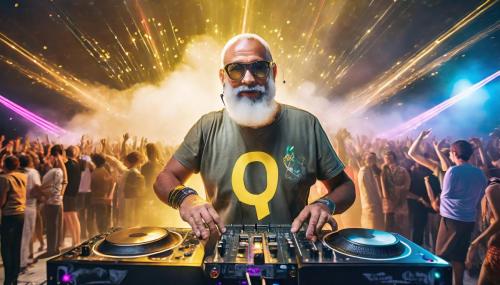 old balding male DJ, with white goatee beard and glasses, wearing a t-shirt with Q on it, pl
