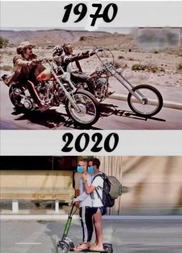 COVID, Motorcycles, Harley Davidson, Movie -- Easy Riders 1970s vs. Scooter Riders 2020