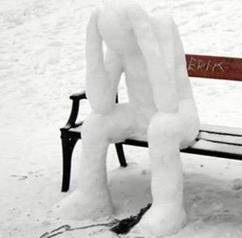 Snow-Ice Art, Man, Park, Bench -- Headache