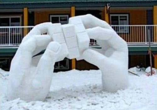 Snow-Ice Art, Rubik Cube, Human Hands