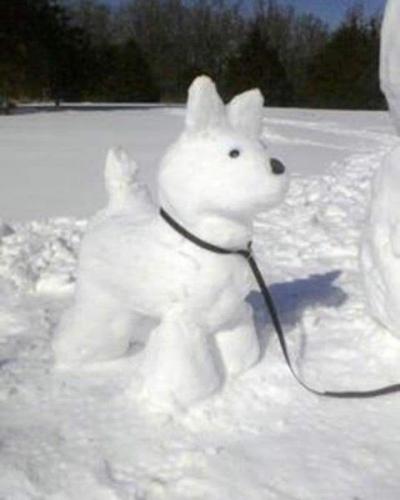 Snow-Ice Art, Dog -- Snowman Doggie on Leash