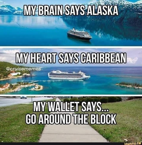 Alaska, Caribben, City Block -- Brain vs. Heart vs. Wallet