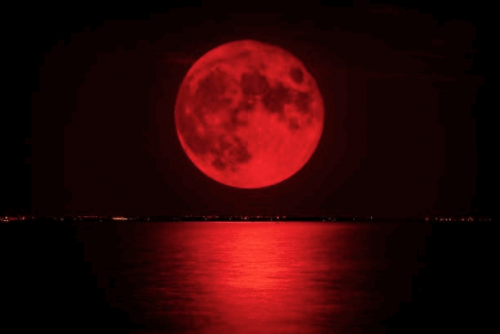 Moon - Red moon over ocean