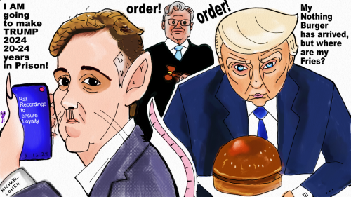 Michael Cohen Rat Lawyer and Judge Merchan and President Donald Trump political cartoon-2