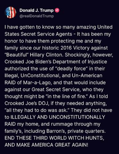 TRUMP STATEMENT ON MAR A LAGO RAID