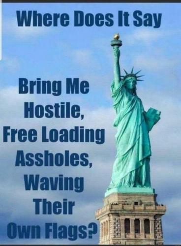Statue of Liberty, Irving Berlin, Emma Lazarus 'The New Colossus' Sonnet, Bronze Plaque Pedestral -- Bring Me Your Hostile, Free Loaders, Waving Their Own Flags
