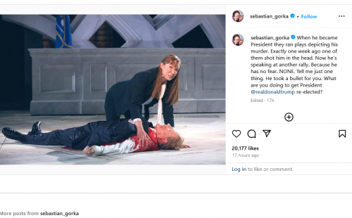 Screenshot 2024-07-21 at 11-09-25 Sebastian Gorka When he became President they ran plays depicting his murder. Exactly one week ago one of them shot him in the head. Now he’s speaking at… Instagram