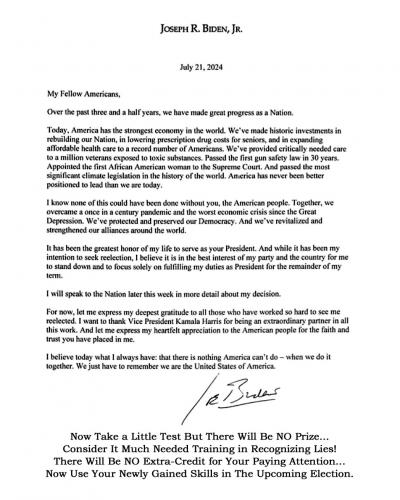 Joseph R. Biden Jr. Withdrawl Letter ~July 2024~