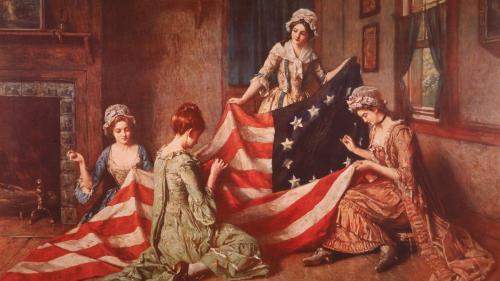 A-Henry-Mosler-painting-The-Birth-of-the-Flag-depicts-Betsy-Ross-and-her-assistants-sewing-the-first-American-flag-Philadelphia-Pennsylvania-1777.-Photo-by-Lambert_Getty-Images-FT