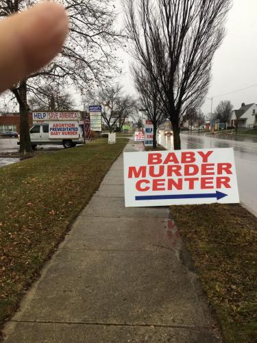Richard Justman -- Signs 'Help Save America, Abortion Premediated Baby Murder' (Left side, Street View) {Nov Election 2022}2
