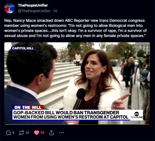 Rep. Nancy Mace smacked down ABC Reporter new trans Democrat congress member using women's restrooms