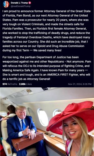 Trump Pick ~Pam Bndi NEXT Attorney Gneral~